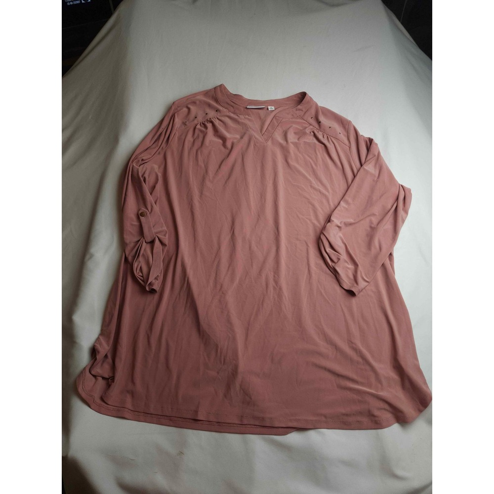 Denim & Co Pink V-Neck Roll Tab Sleeve Eyelet Tunic Top 3X Womens